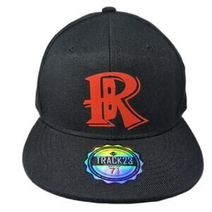 Track23 Baseball Cap Black 7 1/2 Fitted Red R Logo Flat Brim Gray Underbrim Hat